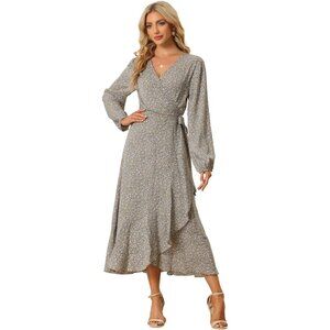 Women's Floral Print Long Sleeve Wrap Midi Dress Boho Casual Travel